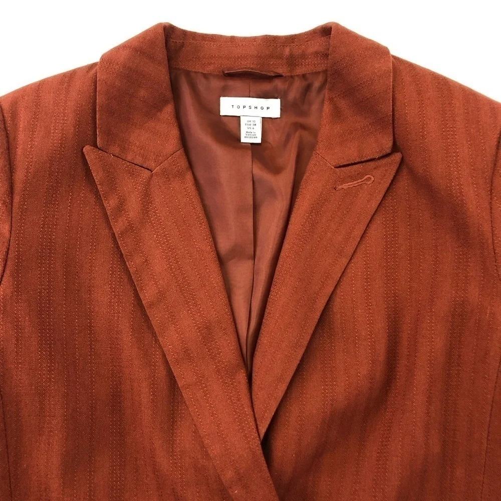 Topshop Rust Self Stripe linen blend double breasted notched collar blazer 6 - Picture 3 of 16